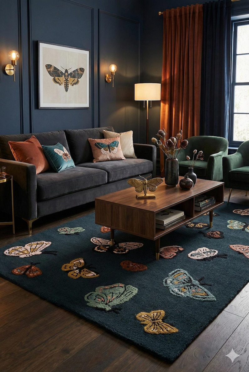 May include: A living room scene featuring a dark gray sofa with butterfly-themed throw pillows. A dark blue rug with butterfly designs complements the decor. A wooden coffee table holds a butterfly sculpture. The walls are dark blue.