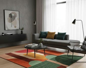 Tapis en laine tufté main, motif géométrique abstrait multicolore