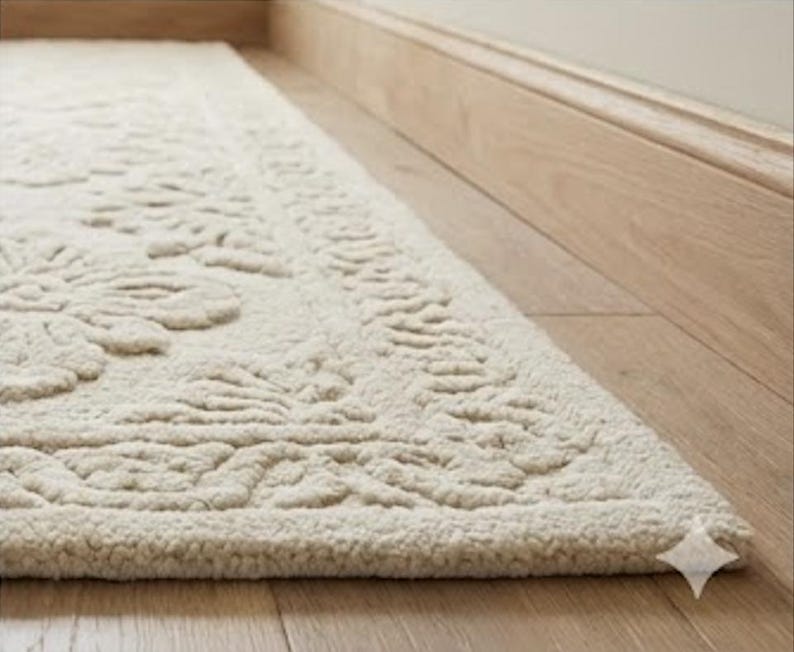 Puede incluir: Alfombra rectangular color crema con un estampado floral. La alfombra est&aacute; hecha de un material suave y texturizado y se coloca sobre un piso de madera junto a un rodapi&eacute; de madera. El dise&ntilde;o de la alfombra presenta motivos florales en relieve.