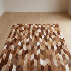Modern Geometric Cowhide Rug, Premium 3D Chevron Pattern Leather Carpet, Genuine Tricolor Patchwork Area Rug for Living Room & Luxury Home