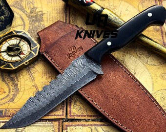 Sanmai Damascus Steel Bushcraft Hunting & Camping Knife, Every Day Carry Skinner Knife with sheath, Handmade Damascus Knives Gift for Men