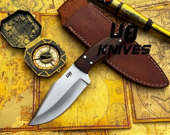 Handmade Stainless Steel Hunting Knife: Rosewood Handle, Leather Sheath