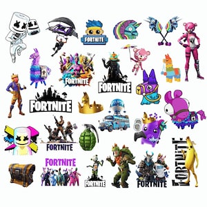 Puede incluir: Una colección de pegatinas de vinilo variadas que presentan diversos personajes de Fortnite, llamas, el autobús de batalla, armas y el logotipo de Fortnite. Los diseños incluyen ilustraciones coloridas de Marshmello, Cuddle Team Leader, Peely y otros iconos del juego.