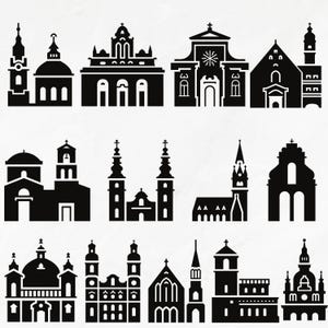May include: A collection of twelve black silhouette icons depicting various architectural structures, including churches, cathedrals, and basilicas with distinct towers, domes, spires, and arched entryways, arranged in a three-row grid format.