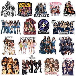 Puede incluir: Una colección de pegatinas del grupo musical KATSEYE, que muestra varios retratos fotográficos, personajes ilustrados estilo chibi, el nombre del grupo en tipografía negrita y un logotipo circular con un emblema de estrella.