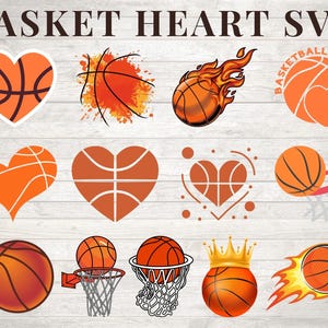 May include: A collection of basketball-themed graphics, including basketballs in heart shapes, on fire, with crowns, and going through hoops. The text "BASKET HEART SVG" is at the top. The designs are in shades of orange and brown.
