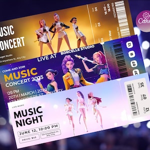 May include: Three concert tickets with illustrations of animated female performers. The tickets are for "Music Concert" and "Music Night" events. The tickets include event details such as dates, times, and venue information.