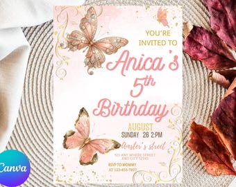 Editable Butterfly Birthday Invitation ,Butterfly Birthday Invitation, Girl Butterfly Party, Purple Butterfly Birthday Invite ,Party Invite