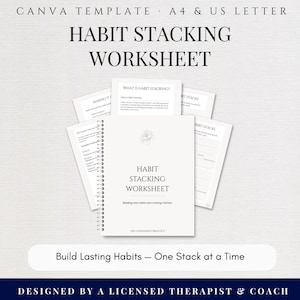 Könnte beinhalten: Eine Canva-Vorlage für ein Habit-Stacking-Arbeitsblatt in A4 und US-Letter-Größe. Das weiße spiralgebundene Dokument enthält den Text Habit Stacking Worksheet, Building new habits into existing routines und The Considered Practice.