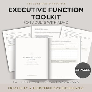 Puede incluir: Un kit de herramientas de función ejecutiva de 42 páginas para adultos con TDAH, con páginas impresas con texto negro sobre papel blanco. El documento incluye secciones sobre planificación y gestión del tiempo, disponible en A4 y US Letter.