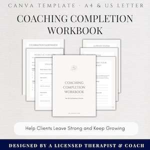 Cahier d'exercices pour le coaching, réflexion du client sur la fin du programme et plan d'action sur 90 jours, modèle Canva modifiable pour les coachs