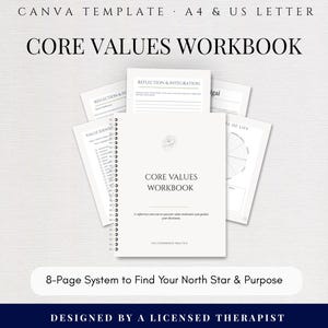 May include: A white spiral-bound Core Values Workbook with multiple pages fanned out behind it. The cover features the text Core Values Workbook, a small floral icon, and the text A reflective exercise to uncover what motivates and guides your decisions.