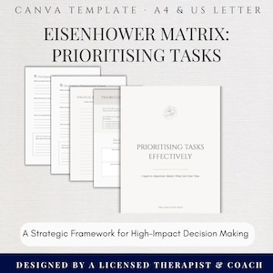 Eisenhower Matrix Coaching Tool, Priority Matrix Worksheet, Decision Fatigue Workbook, Executive Functioning, Time Management, Canva PDF