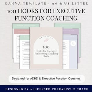 100 Executive Function Coach Hooks, Life Coaching Social Media Reels, ADHD Content Ideas, Marketing Strategy Guide, Canva Editable Template