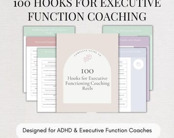 100 Executive Function Coach Hooks, Life Coaching Social Media Reels, ADHD Content Ideas, Marketing Strategy Guide, Canva Editable Template
