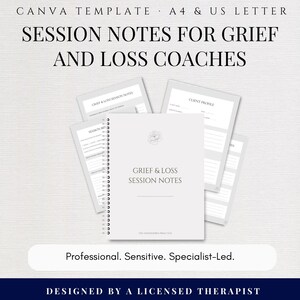 Peut inclure: Un modèle Canva pour papier A4 et US Letter comprenant des notes de séance pour coachs en deuil et perte. L'ensemble inclut une couverture à spirales avec une icône florale, des profils clients et des formulaires de notes de séance.
