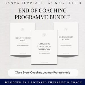 Paket för avslutande av coachningsprogram, arbetsbok för programslut, feedbackformulär och förnyelsemanus, redigerbara Canva-mallar för coacher bild 1