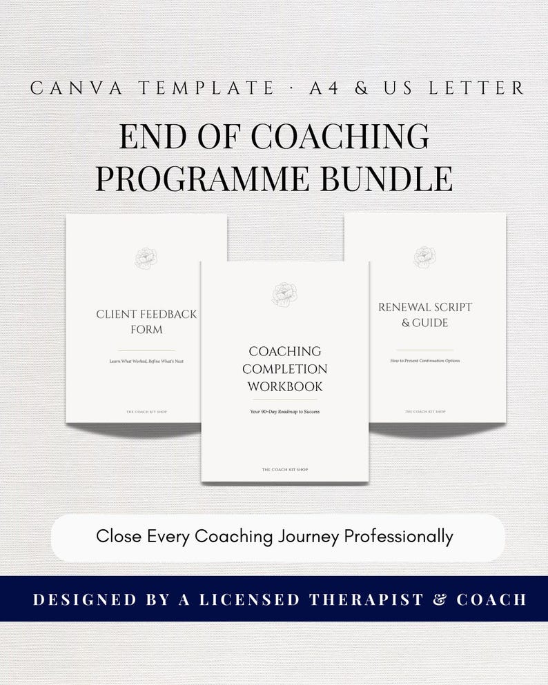 Paket för avslutande av coachningsprogram, arbetsbok för programslut, feedbackformulär och förnyelsemanus, redigerbara Canva-mallar för coacher bild 1