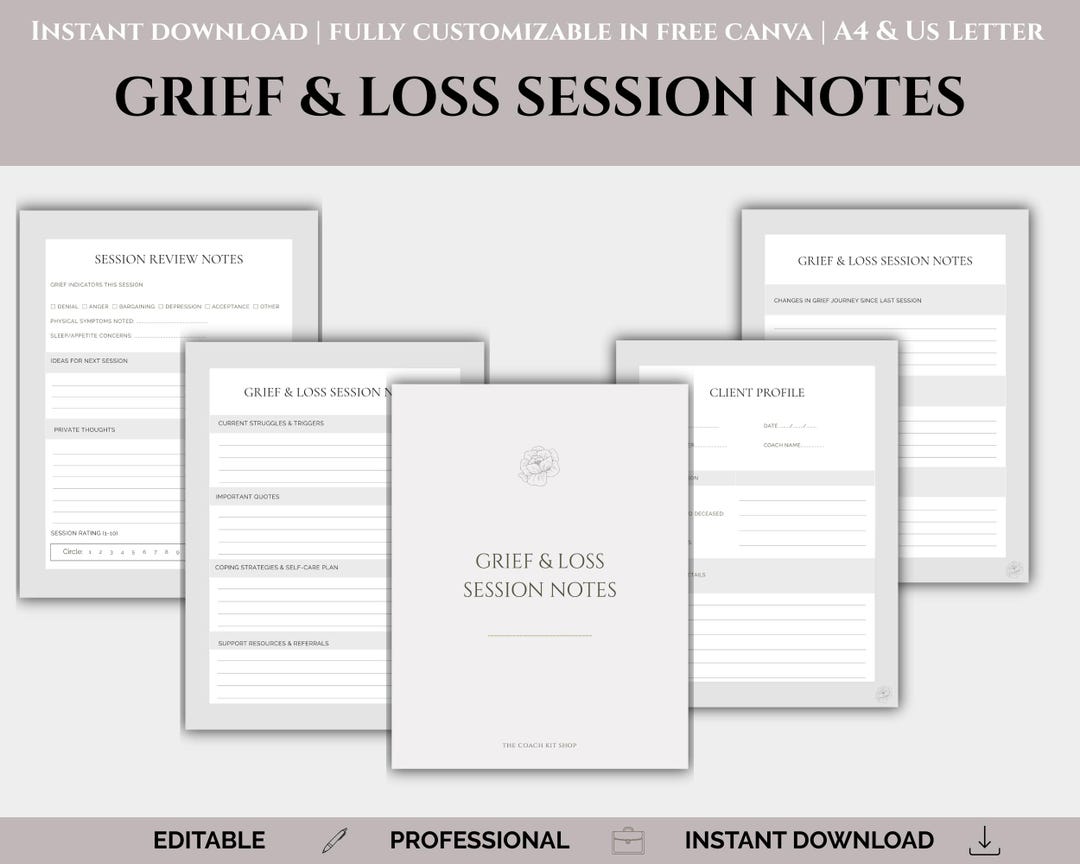 Grief & Loss Session Notes Template | Bereavement Counselor Forms ...