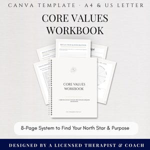 Core Values Workbook, Wheel of Life, Ikigai Purpose Tool (Canva Template PDF)