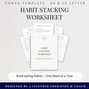 習慣スタッキングワークシート、編集可能なCanvaテンプレート、習慣トラッカー、コーチとクライアントのための行動変容ツール、A4およびUSレターPDF