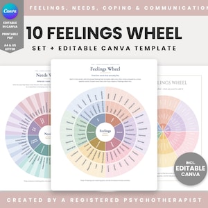 May include: A set of 10 Feelings Wheel charts featuring circular diagrams with color-coded emotional categories and descriptive words. The text includes Feelings, Needs, Coping & Communication, and 10 Feelings Wheel Set + Editable Canva Template.