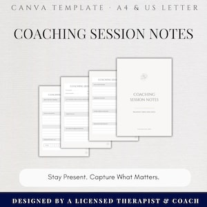 Mall för coachningsanteckningar, redigerbar klientlogg för coacher, utskrivbar PDF och Canva, A4 och US Letter, direktnedladdning