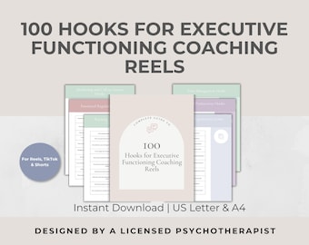 100 Executive Function Coach Hooks, Life Coaching Social Media Reels, ADHD Content Ideas, Marketing Strategy Guide, Canva Editable Template