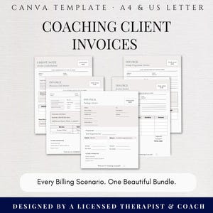 May include: A collection of coaching client invoice templates in a minimalist design. The templates include credit notes, discovery call invoices, package invoices, and group program invoices. The text "COACHING CLIENT INVOICES" is displayed prominently.