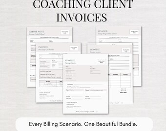 Coaching Invoice Templates Bundle, 5 Editable Canva Designs, Session, Package, Group, Discovery Call and Credit Note, A4 & US Letter
