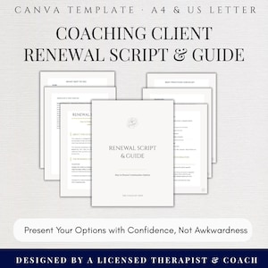Förnyelseskript och fortsättningsguide för coachingklienter, mall för retentionssamtal, redigerbart Canva-verktyg för coacher, programslut