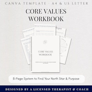 Cuaderno de trabajo sobre valores fundamentales y evaluación de la rueda de la vida, hojas de trabajo para coaches de vida, herramienta de propósito Ikigai, kit de descubrimiento de plantillas estéticas de Canva en PDF