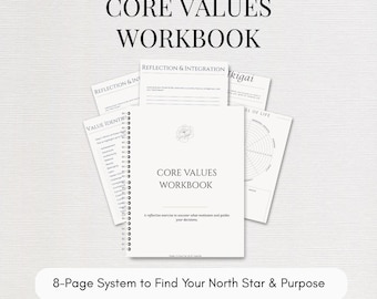 Core Values Workbook & Wheel of Life Assessment, Life Coach Worksheets, Ikigai Purpose Tool, Aesthetic Canva Template PDF Discovery Kit