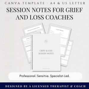Grief Bereavement Coaching Session Notes, Loss Counseling Template, Mental Health Therapist Worksheet, Life Coach Transition Tool, Canva PDF