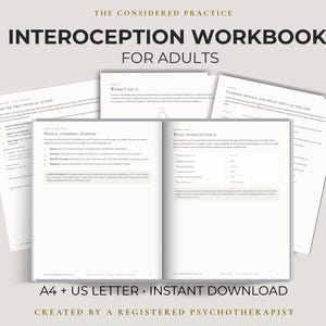May include: An Interoception Workbook for Adults by The Considered Practice, featuring an open book with pages titled Notice, Interpret, Respond and What Interoception Is. The text includes A4 + US Letter Instant Download and Created by a Registered Psychotherapist.