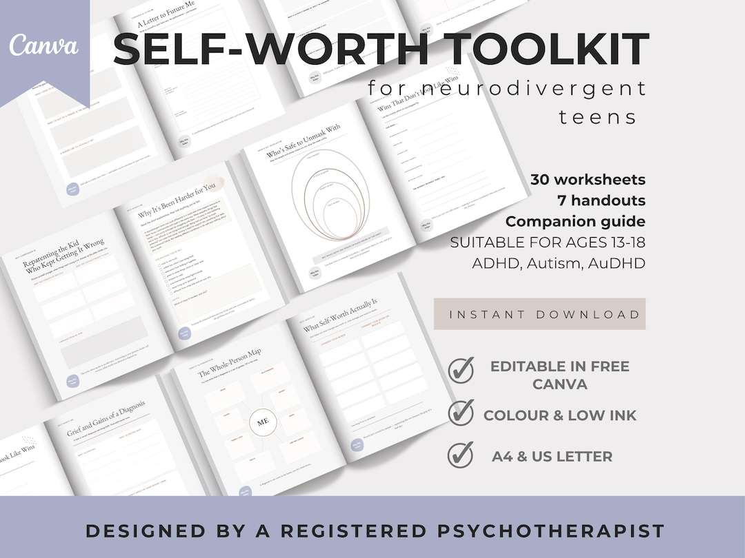 ADHD Teen Self Worth Workbook | Autism and Neurodivergent Therapy Worksheets | Self Esteem ...