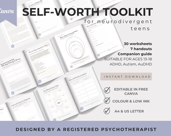 ADHD Teen Self Worth Workbook | Autism and Neurodivergent Therapy Worksheets | Self Esteem, Confidence and Self Compassion