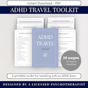 Può includere: Un kit di viaggio per ADHD in formato PDF digitale con copertina azzurra, testo bianco ADHD TRAVEL Toolkit e un'icona di aereo. Il set include 28 pagine di documenti stampabili come una lista di imballaggio e un profilo sensoriale.