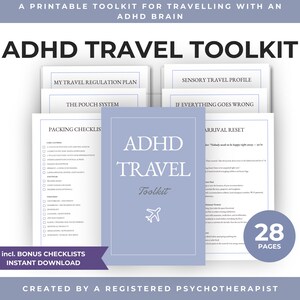 May include: A printable ADHD travel toolkit with 28 pages, featuring a light purple cover with white text reading ADHD TRAVEL Toolkit and an airplane icon. The document includes checklists, a sensory travel profile, and a travel regulation plan.
