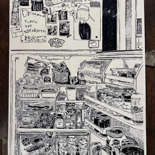 冷蔵庫リノカットプリント - オリジナルハンドブロックプリントウォールアート - 18x24