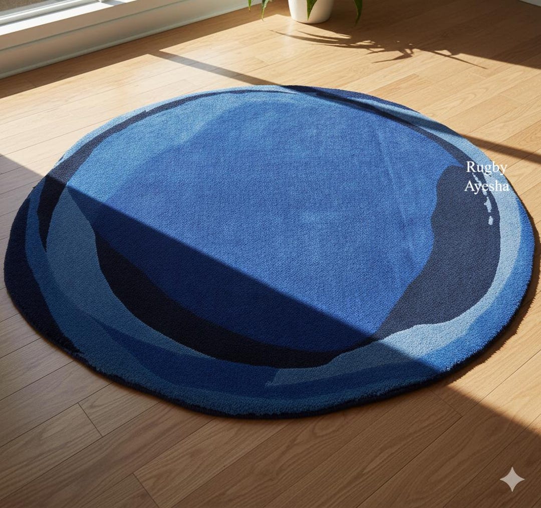 Round Blue Abstract Hand Tufted Rug, Modern Wool Area Rug, Contemporary ...