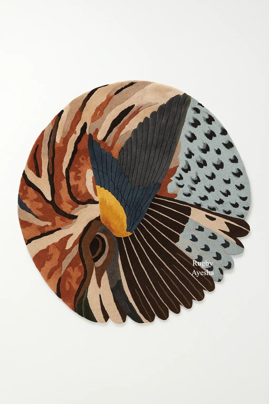Hand Tufted Bird Art Wool Rug, Round Sculptural Statement Carpet ...