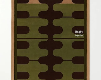 Modern Geometric Green Area Rug | Handmade Abstract Carpet | Mid Century Brown Olive Contemporary Living Room & Home Decor