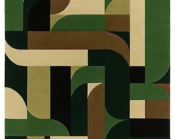 Modern Green Geometric Rug, Hand-Tufted Abstract Wool Carpet, Brown and Cream Statement Area Rug, Mid-Century Decor