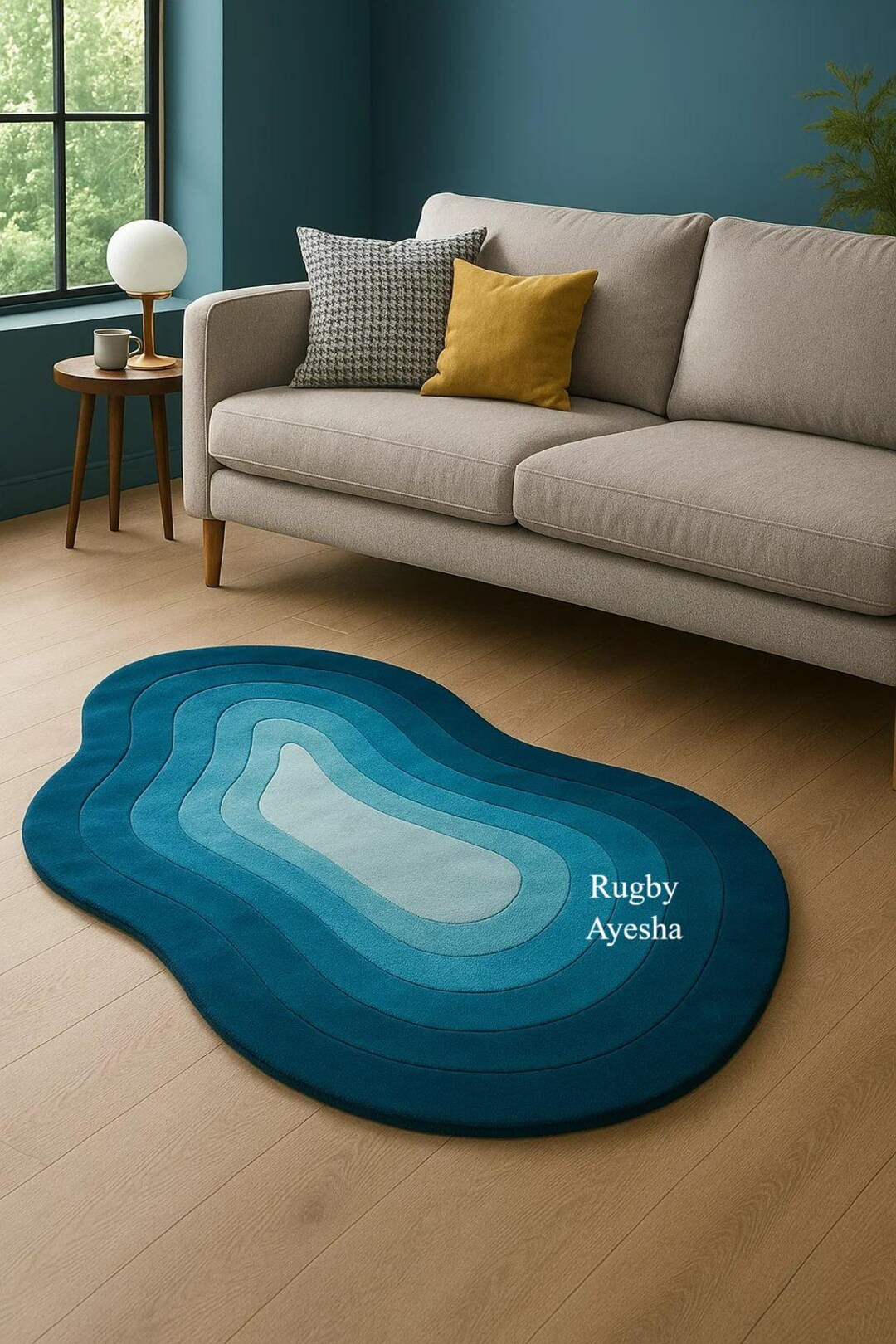 Abstract Blue Rug | Wavy Organic Shape Area Rug | Hand Tufted Wool ...