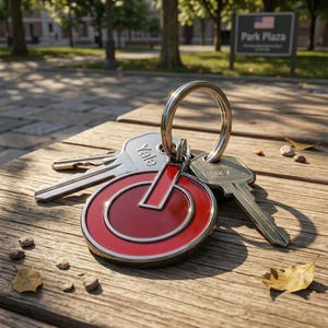 May include: A set of keys on a wooden surface. The keys include a Yale key and a key with "USA" stamped on it. A red and silver key ring charm with a power button design is attached to the keys.