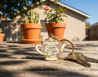 Take It Tea-sy Floral Teapot Gold Enamel Keychain, Cute Tea Pun Keychain, Vintage Teapot Charm, Cottagecore Gift, Aesthetic Bag Charm