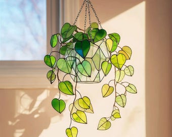 Atrapasueños colgante de vidrieras para plantas, decoración colgante para ventana con enredadera de pothos, atrapasueños de hojas verdes, regalo para amantes de las plantas
