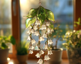Akrylowa witrażowa łapacz słońca z konwalią, wisząca sztuka szklana z motywem kwiatowym, ręcznie robiona botaniczna dekoracja okienna, elegancki kwiatowy prezent dla niej