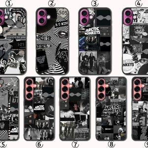 May include: Nine phone cases with monochrome designs. The cases display collages of images, text, and graphics, including the band Arctic Monkeys and the number 505. The cases are for different phone models.